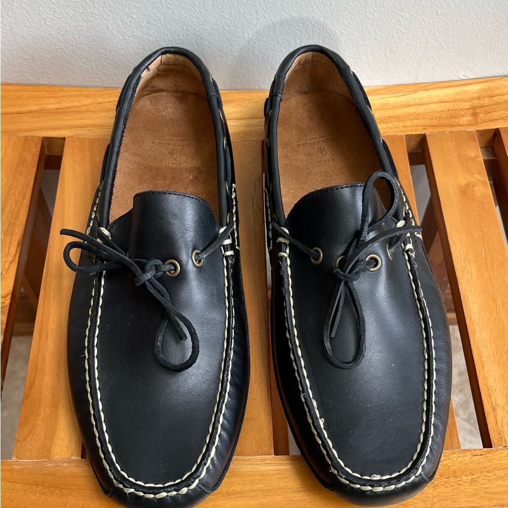 Polo Ralph Lauren ROLAND II Black Leather Boat Shoes with Decorative Lacing